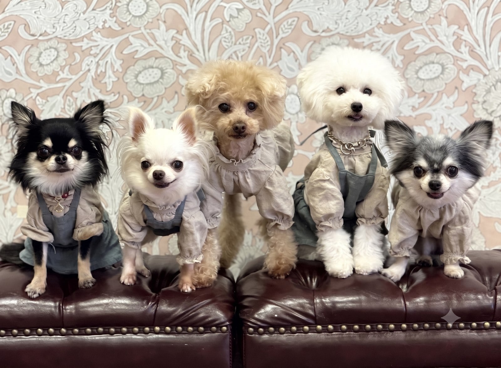 The five dogs of My Treasury ARF — Chihuahuas, a Toy Poodle, and a Bichon Frise