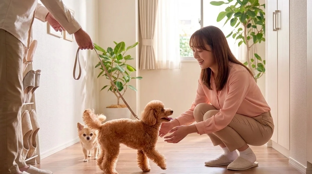 玄関で小型犬を迎える女性