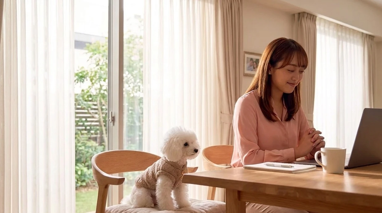 パソコンで話を聞く女性と隣に座る白い犬